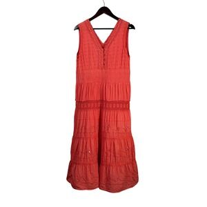 S.R. Fashions Women‎ XL Coral Orange Crochet Lace Tiered Embroidered Maxi Dress